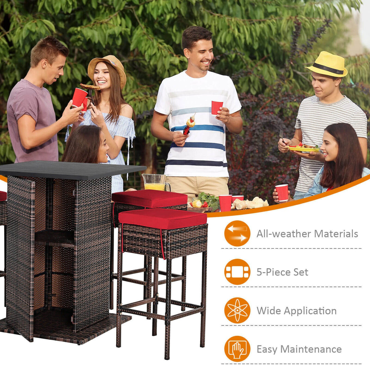 5 Pieces Patio Rattan Bar Table Stool Set Hidden Storage Shelf Cushioned-Red view 9