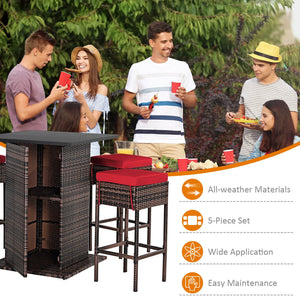 5 Pieces Patio Rattan Bar Table Stool Set Hidden Storage Shelf Cushioned-Red view 9