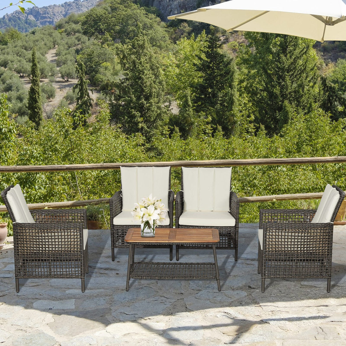 5 Pieces Patio Rattan Furniture Set Cushioned Sofa Armrest Wooden Tabletop-Off White view 2