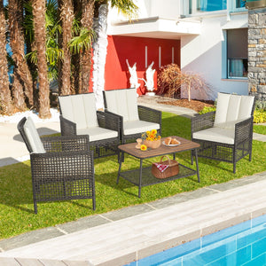 5 Pieces Patio Rattan Furniture Set Cushioned Sofa Armrest Wooden Tabletop-Off White view 3