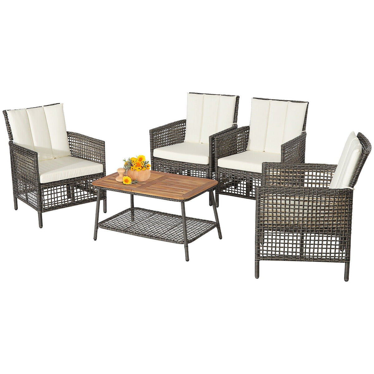 5 Pieces Patio Rattan Furniture Set Cushioned Sofa Armrest Wooden Tabletop-Off White view 4