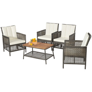 5 Pieces Patio Rattan Furniture Set Cushioned Sofa Armrest Wooden Tabletop-Off White view 4