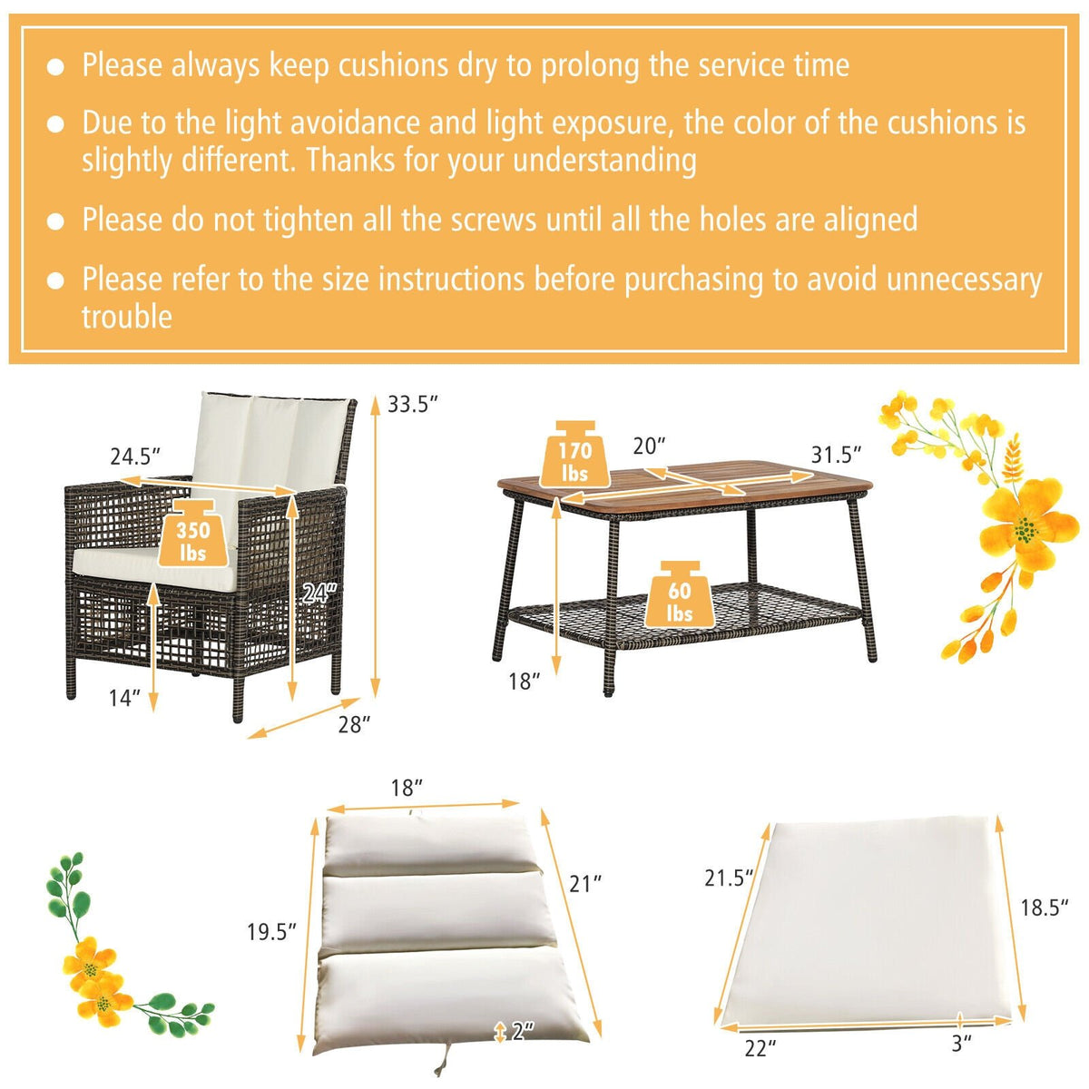 5 Pieces Patio Rattan Furniture Set Cushioned Sofa Armrest Wooden Tabletop-Off White view 5