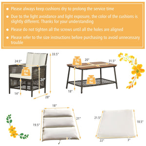 5 Pieces Patio Rattan Furniture Set Cushioned Sofa Armrest Wooden Tabletop-Off White view 5