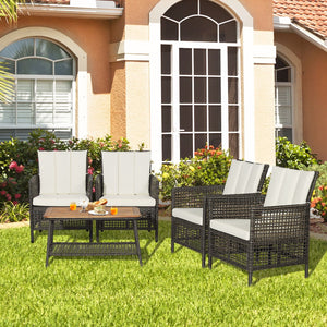 5 Pieces Patio Rattan Furniture Set Cushioned Sofa Armrest Wooden Tabletop-Off White view 6