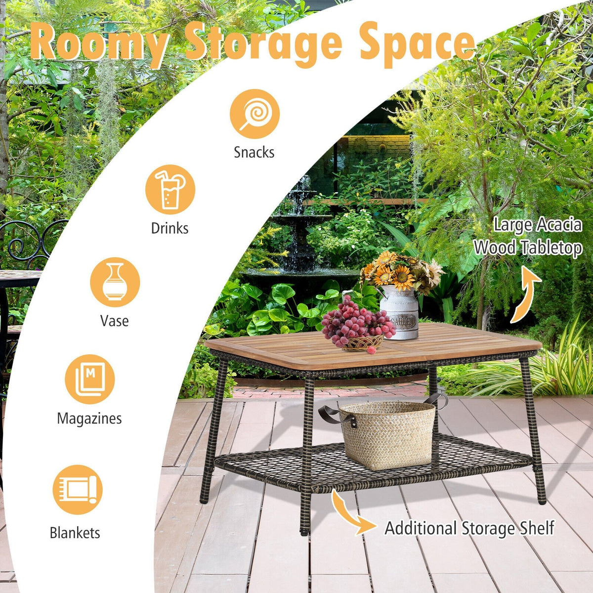 5 Pieces Patio Rattan Furniture Set Cushioned Sofa Armrest Wooden Tabletop-Off White view 8
