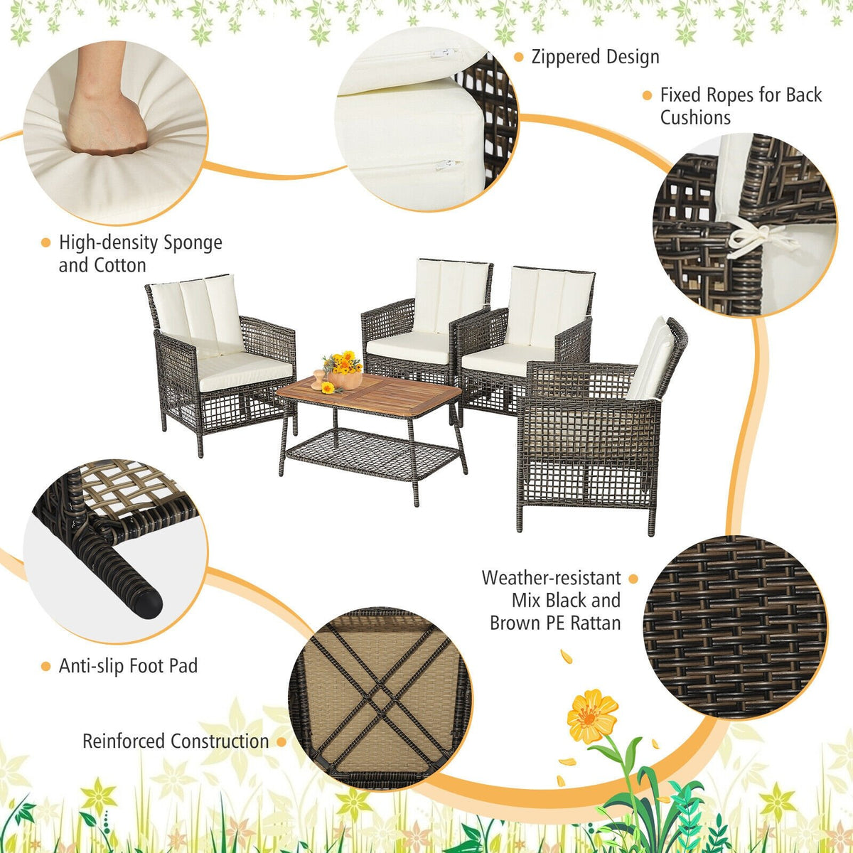 5 Pieces Patio Rattan Furniture Set Cushioned Sofa Armrest Wooden Tabletop-Off White view 9