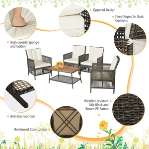 5 Pieces Patio Rattan Furniture Set Cushioned Sofa Armrest Wooden Tabletop-Off White view 9