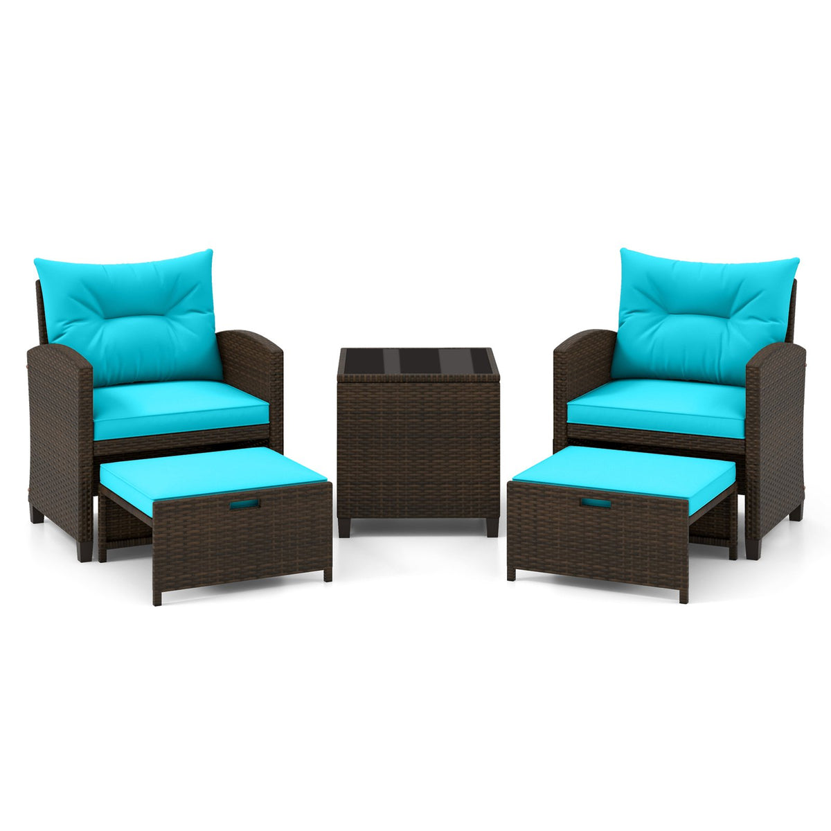 5 Pieces Patio Rattan Furniture with 2 Ottomans and Tempered Glass Coffee Table-Turquoise