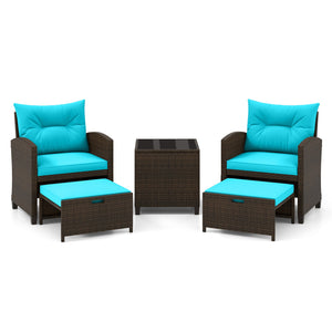 5 Pieces Patio Rattan Furniture with 2 Ottomans and Tempered Glass Coffee Table-Turquoise