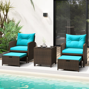 5 Pieces Patio Rattan Furniture with 2 Ottomans and Tempered Glass Coffee Table-Turquoise view 2