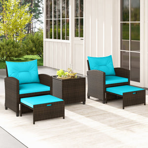 5 Pieces Patio Rattan Furniture with 2 Ottomans and Tempered Glass Coffee Table-Turquoise view 3
