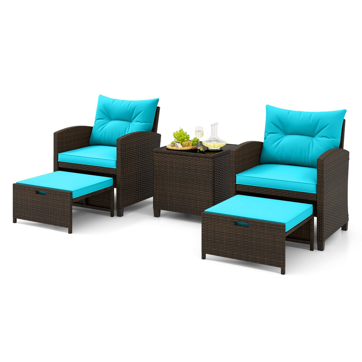 5 Pieces Patio Rattan Furniture with 2 Ottomans and Tempered Glass Coffee Table-Turquoise view 4