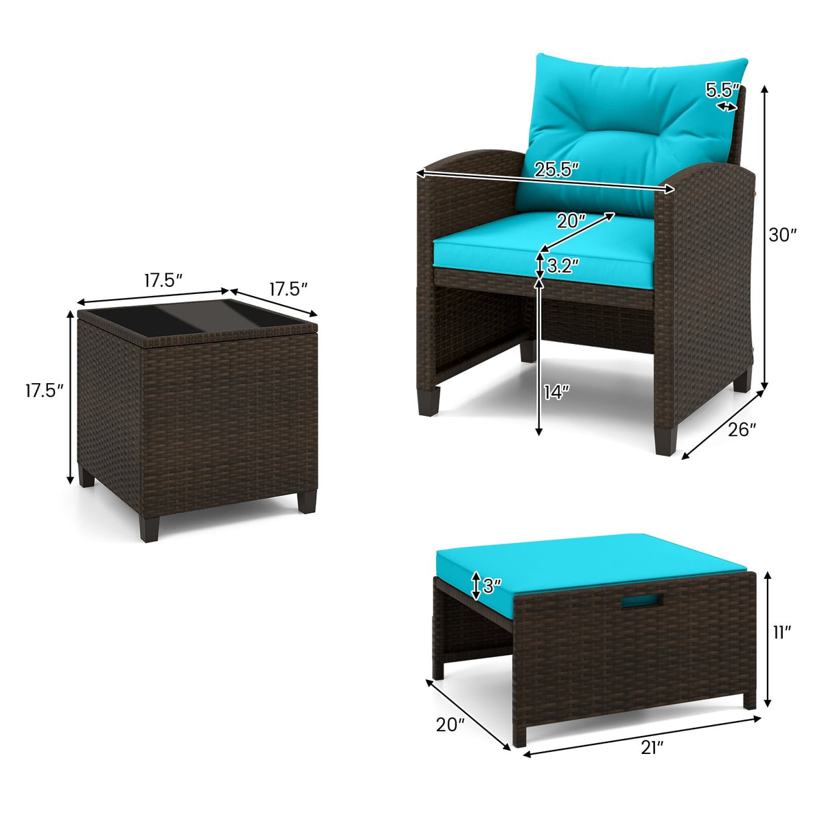 5 Pieces Patio Rattan Furniture with 2 Ottomans and Tempered Glass Coffee Table-Turquoise view 5