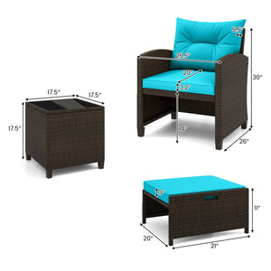5 Pieces Patio Rattan Furniture with 2 Ottomans and Tempered Glass Coffee Table-Turquoise view 5