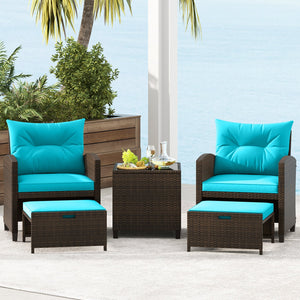 5 Pieces Patio Rattan Furniture with 2 Ottomans and Tempered Glass Coffee Table-Turquoise view 6