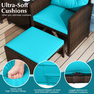 5 Pieces Patio Rattan Furniture with 2 Ottomans and Tempered Glass Coffee Table-Turquoise view 8