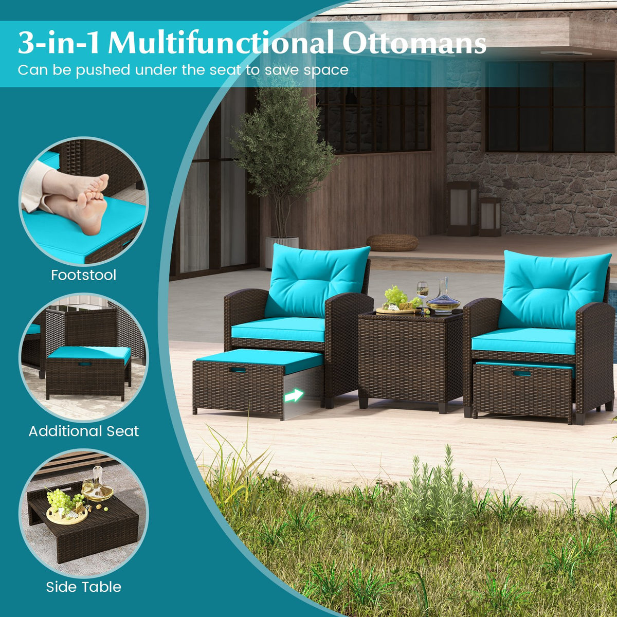 5 Pieces Patio Rattan Furniture with 2 Ottomans and Tempered Glass Coffee Table-Turquoise view 9