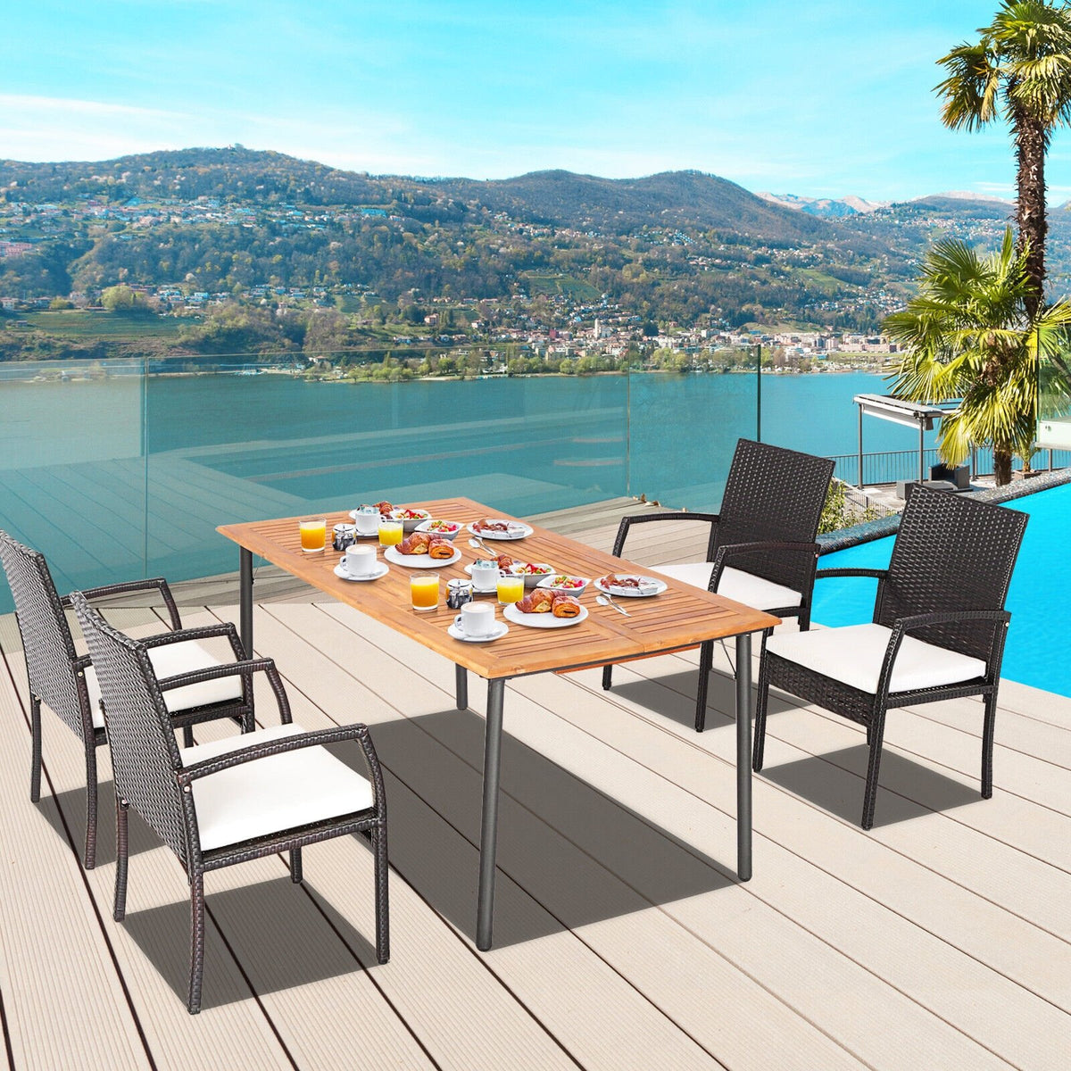 5 Pieces Patio Wicker Cushioned Dining Set with Umbrella Hole view 2