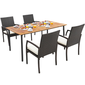 5 Pieces Patio Wicker Cushioned Dining Set with Umbrella Hole view 3
