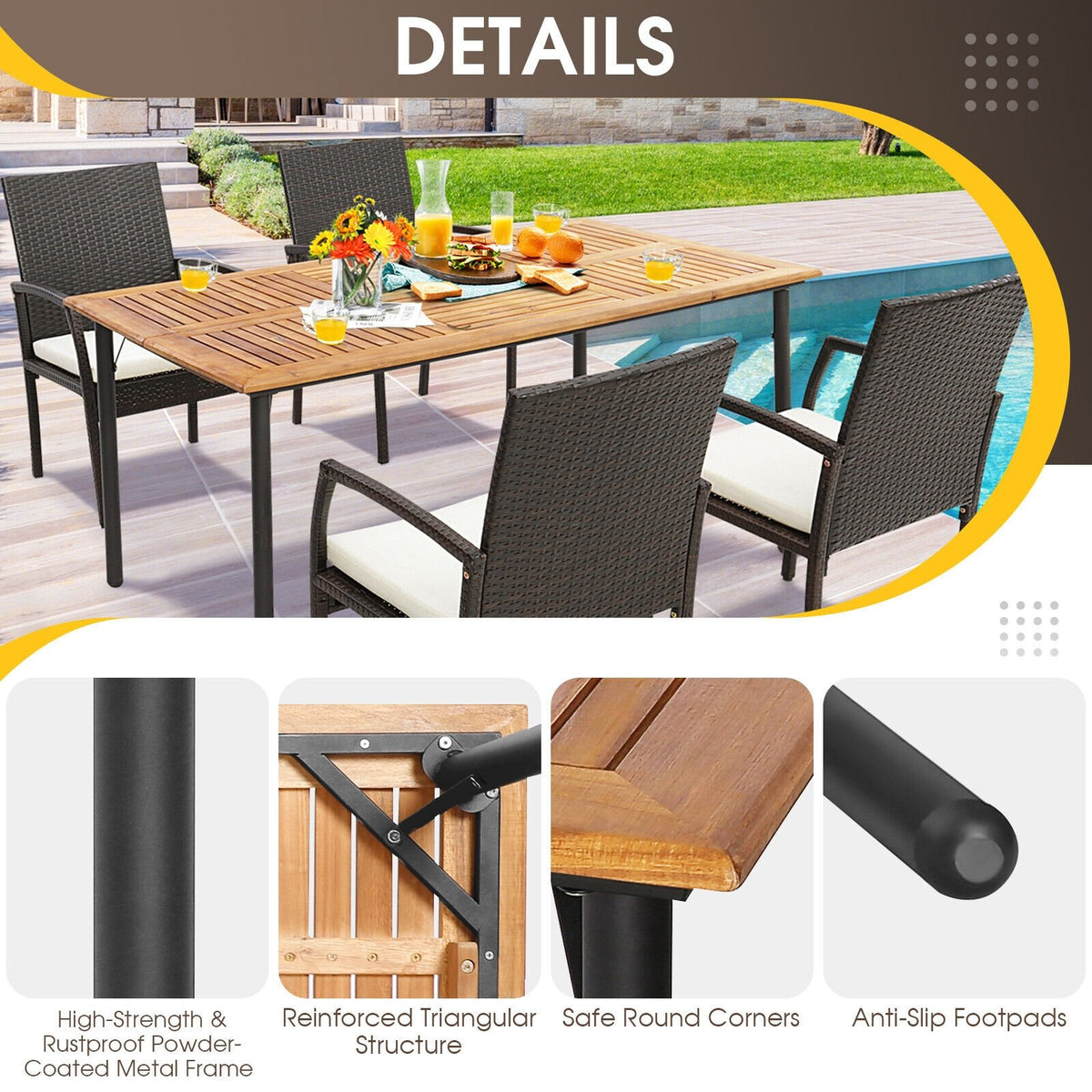 5 Pieces Patio Wicker Cushioned Dining Set with Umbrella Hole view 7