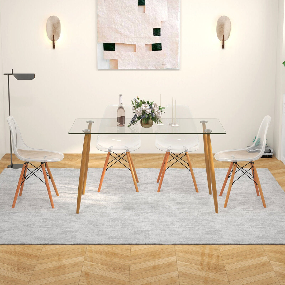 5 Pieces Rectangle Dining Table Set with 51 Inch Glass Tabletop-Transparent view 6