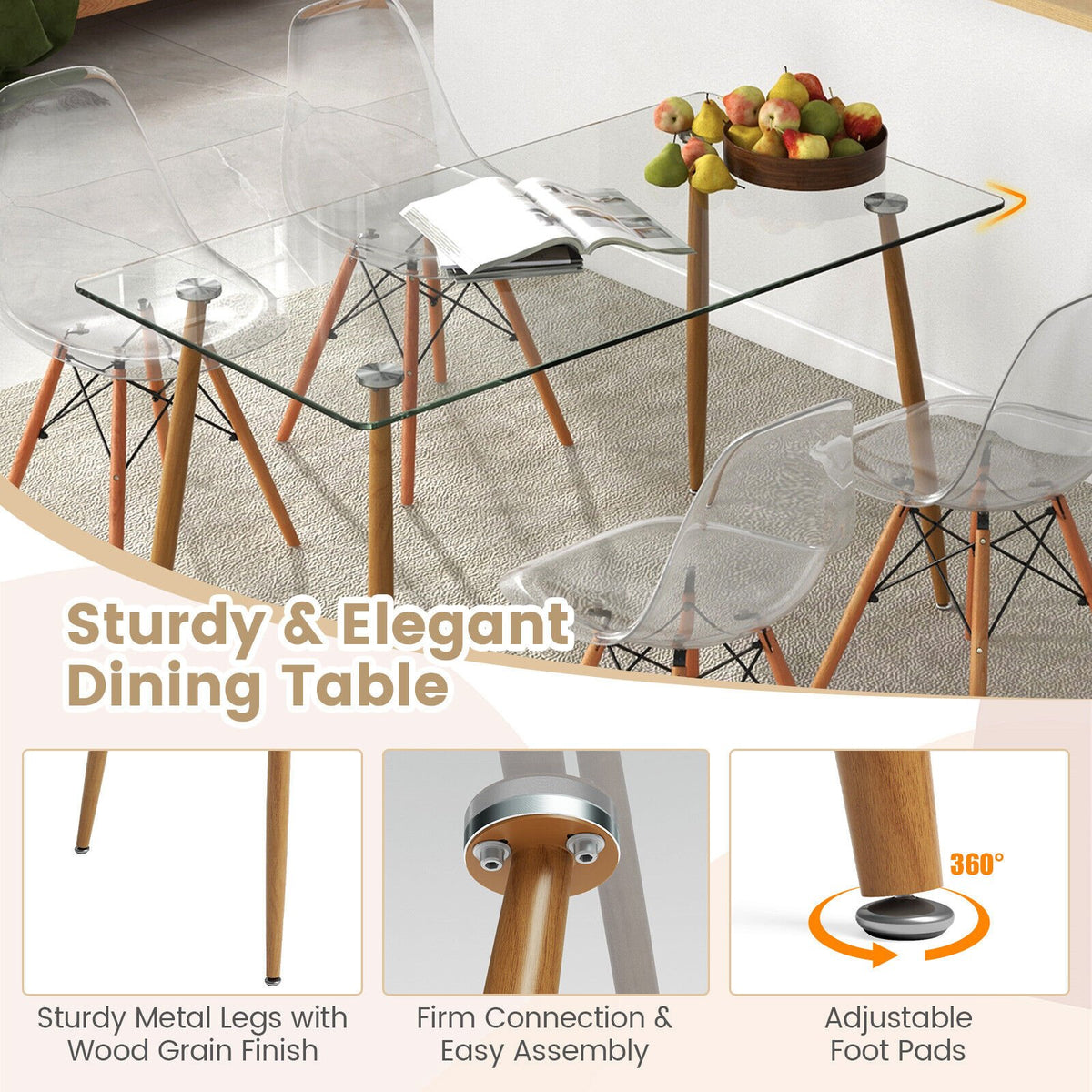 5 Pieces Rectangle Dining Table Set with 51 Inch Glass Tabletop-Transparent view 7