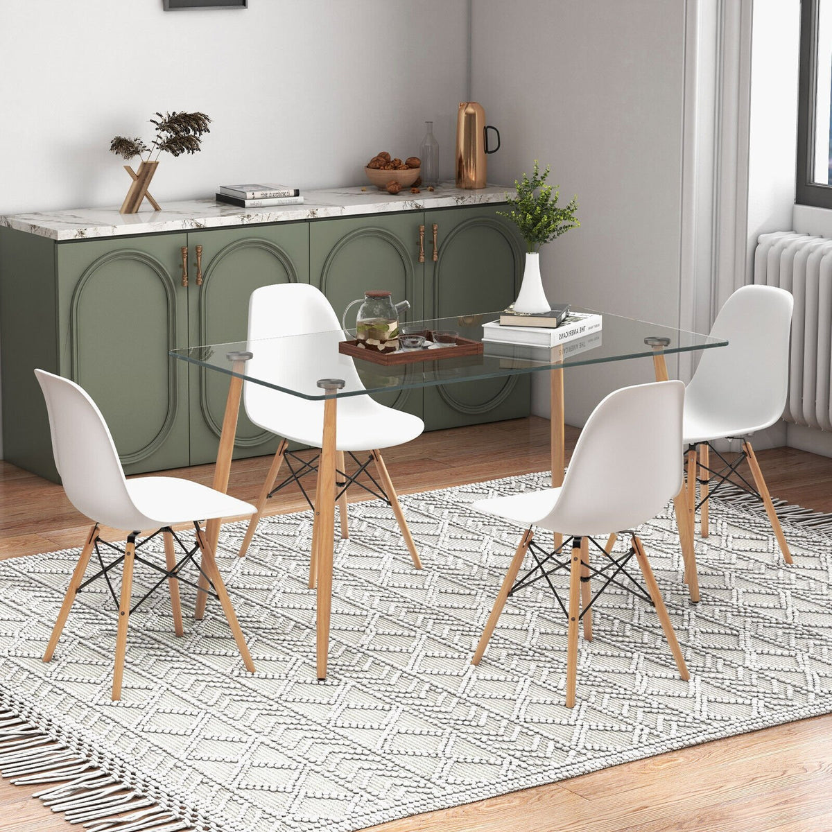 5 Pieces Rectangle Dining Table Set with 51 Inch Glass Tabletop-White
