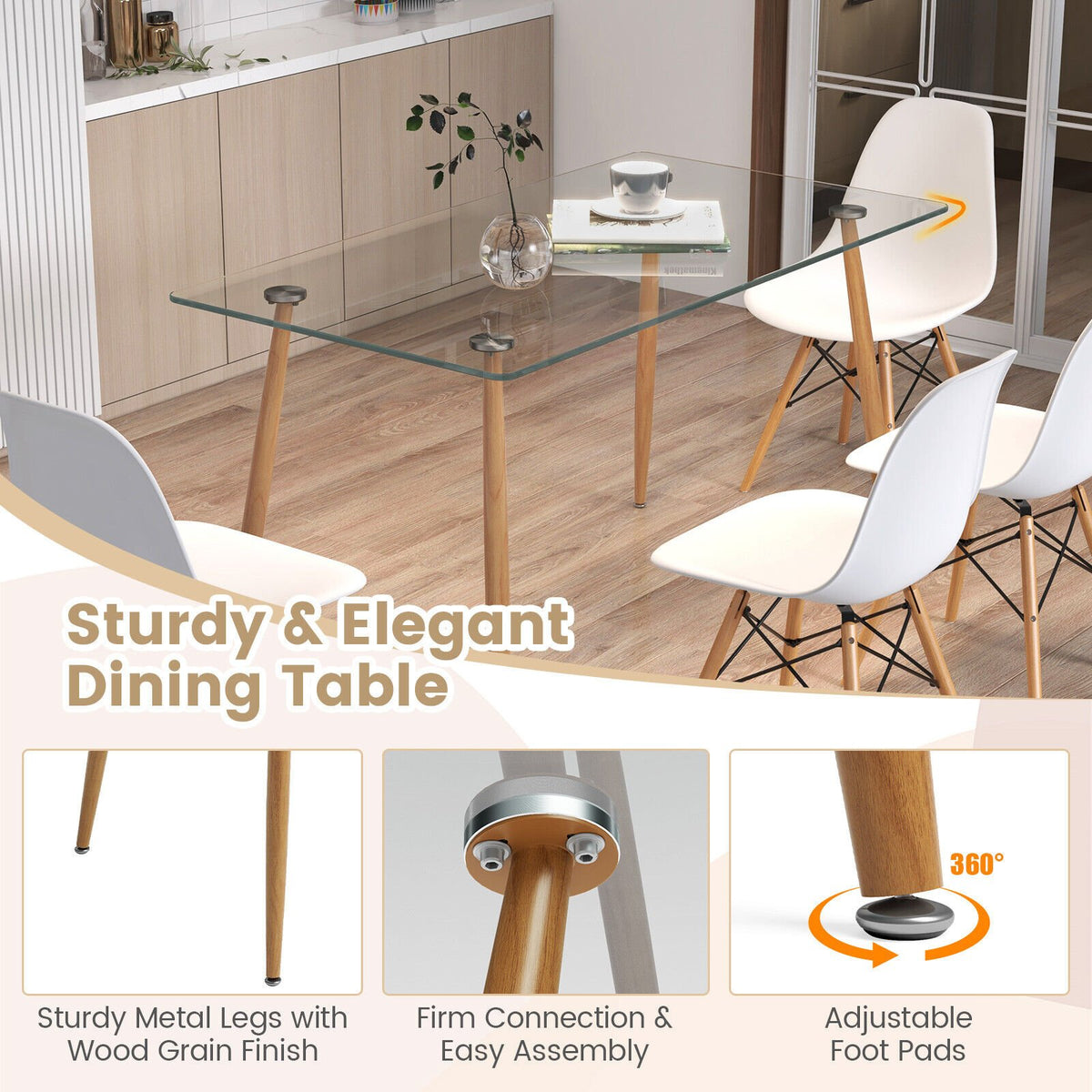 5 Pieces Rectangle Dining Table Set with 51 Inch Glass Tabletop-White view 6