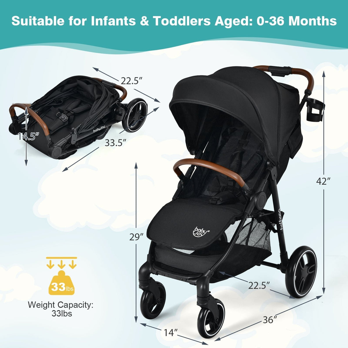 5-Point Harness Lightweight Infant Stroller with Foot Cover and Adjustable Backrest-Black view 4