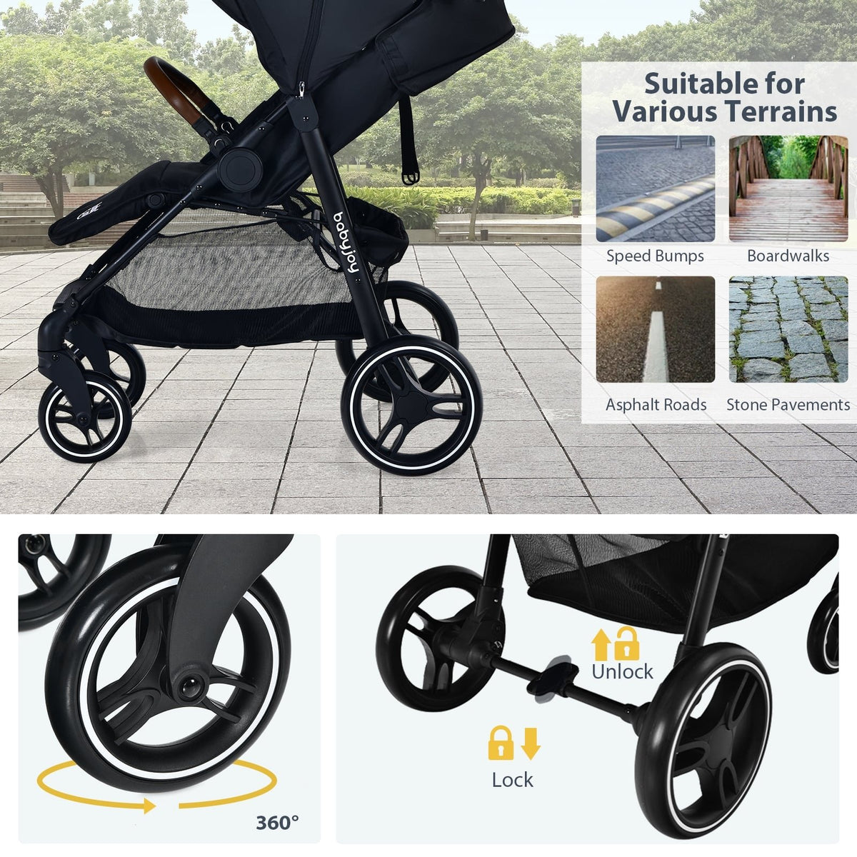5-Point Harness Lightweight Infant Stroller with Foot Cover and Adjustable Backrest-Black view 8