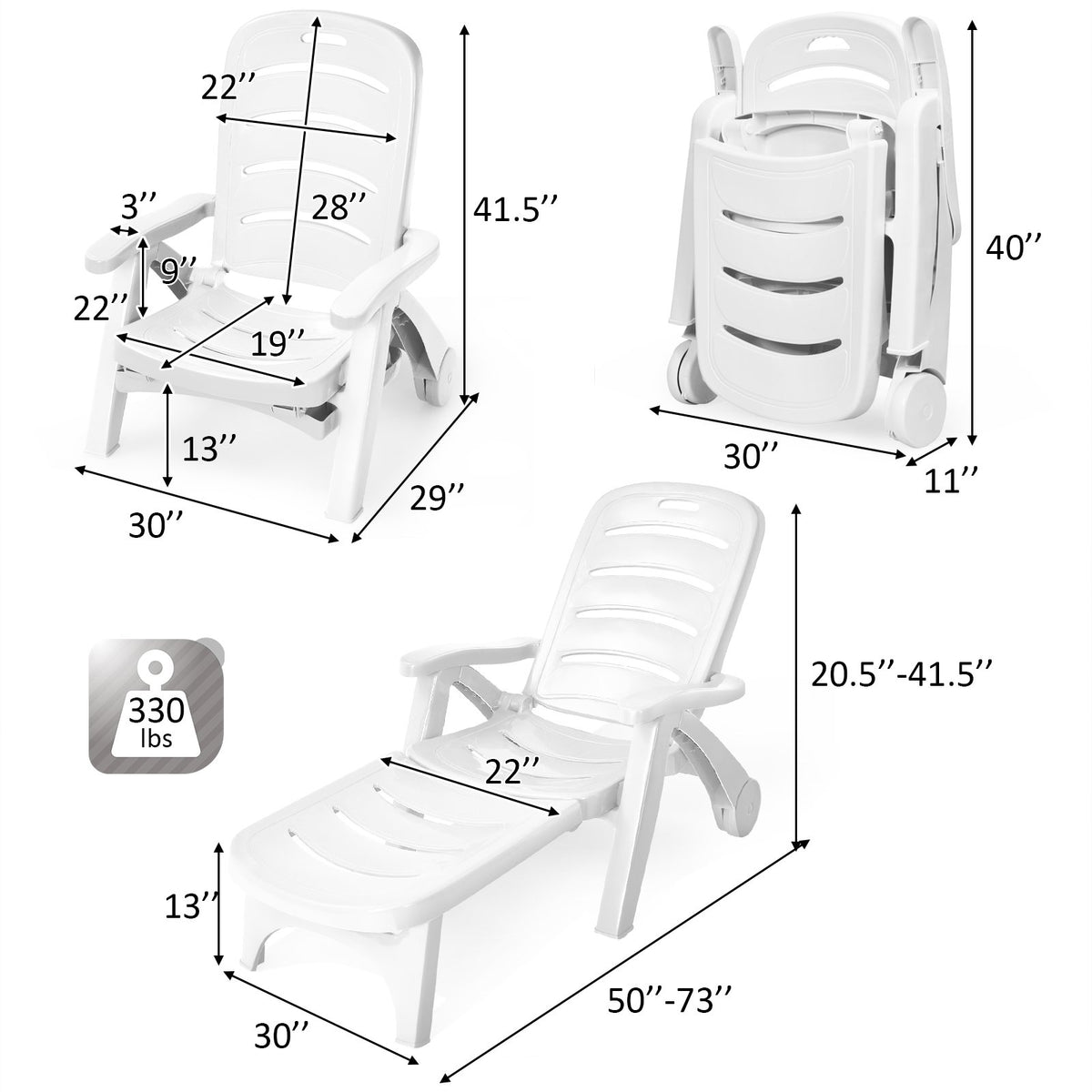 5 Position Adjustable Folding Lounger Chaise Chair on Wheels view 4