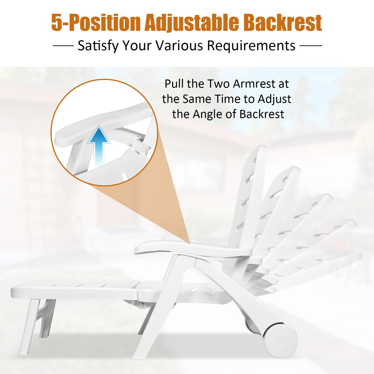 5 Position Adjustable Folding Lounger Chaise Chair on Wheels view 5