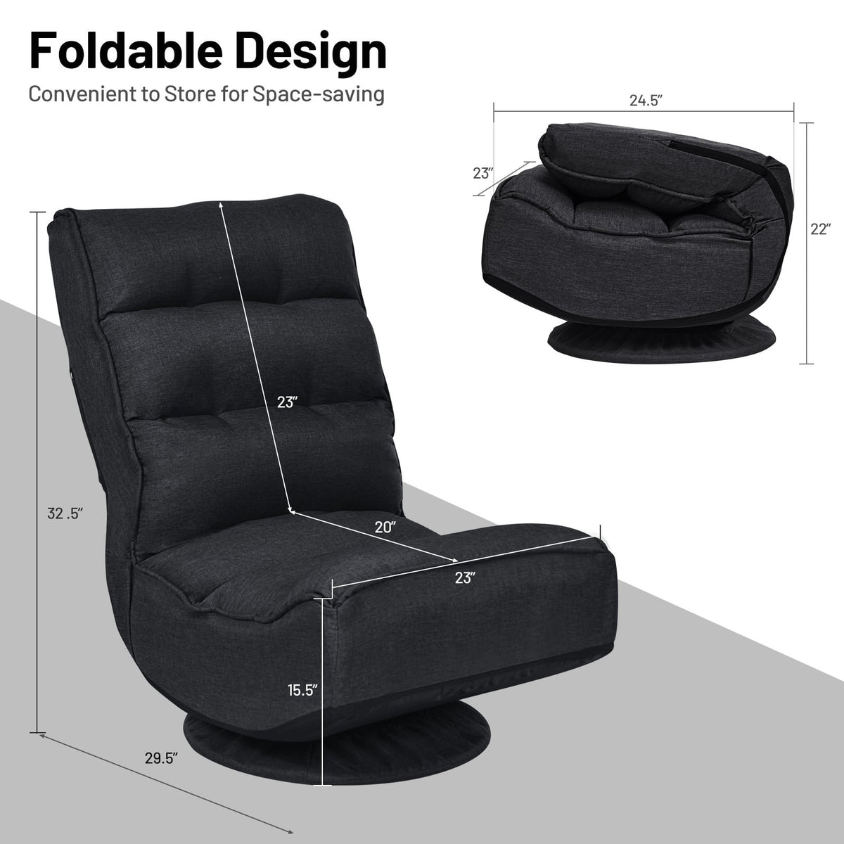 5-Position Folding Floor Gaming Chair-Black view 4