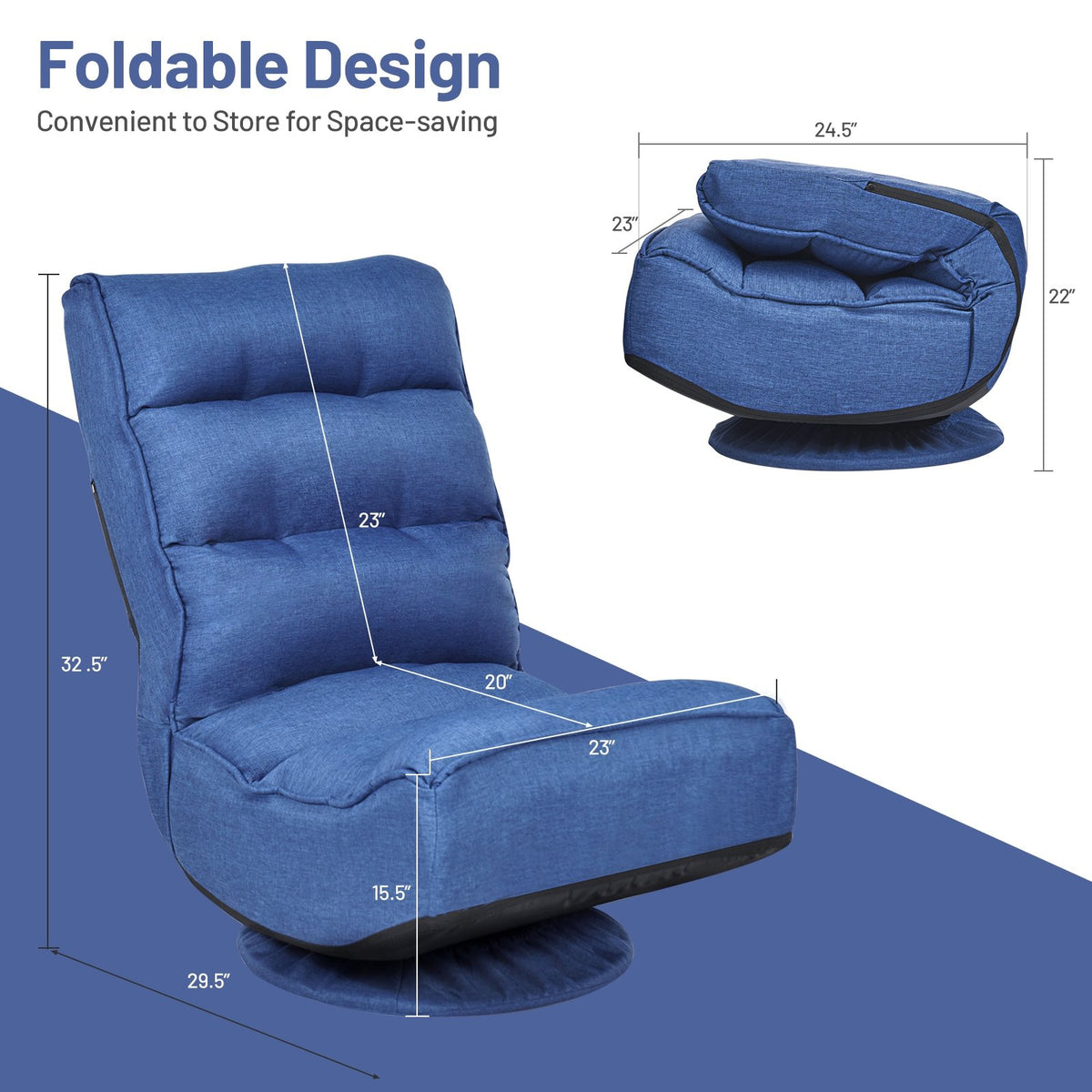 5-Position Folding Floor Gaming Chair-Navy view 4