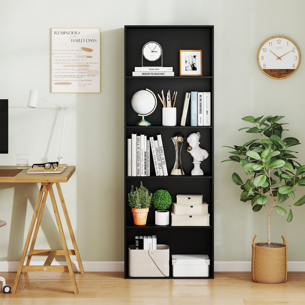 5-Shelf Storage Bookcase Modern Multi-Functional Display Cabinet Furniture-Black view 2