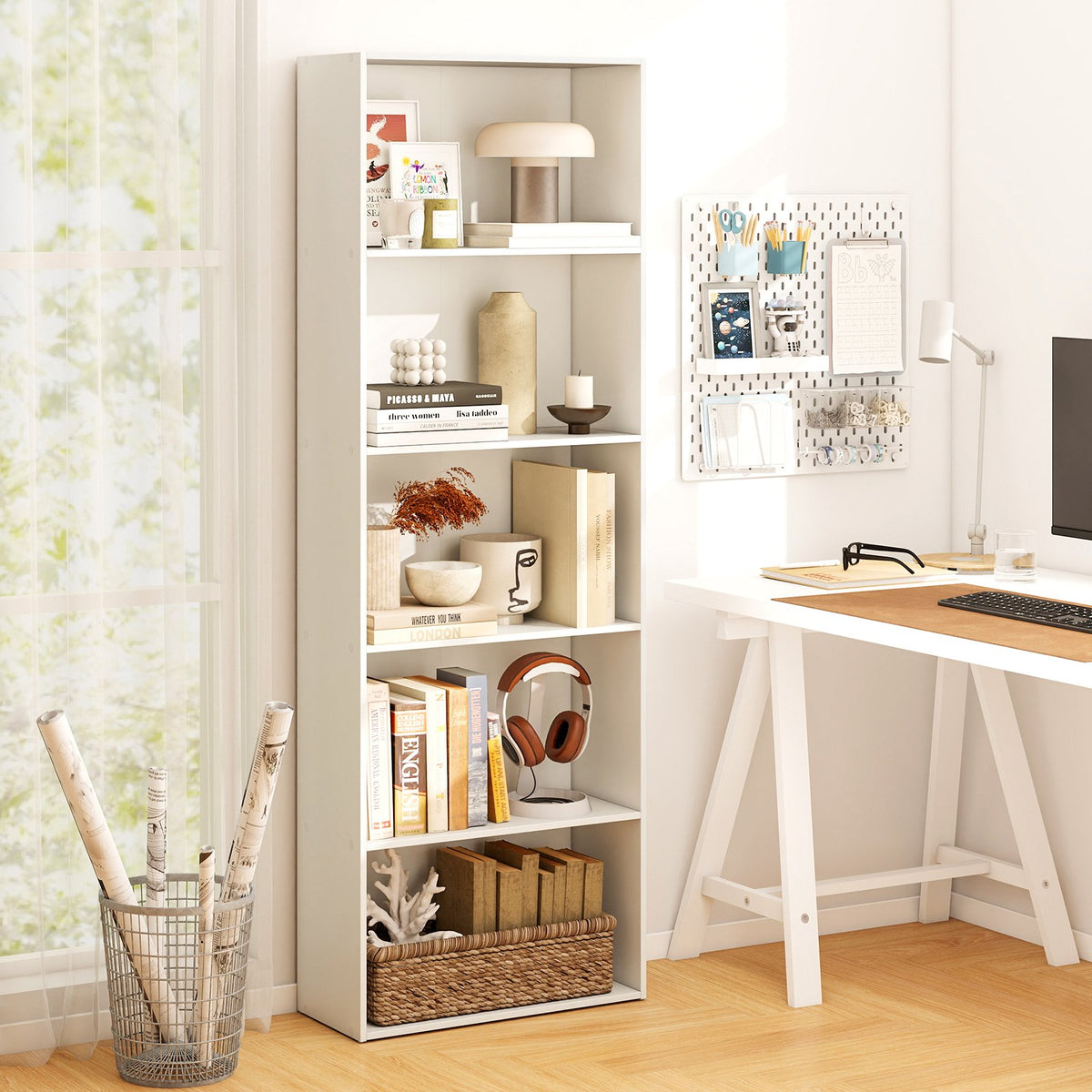 5-Shelf Storage Bookcase Modern Multi-Functional Display Cabinet-White view 2