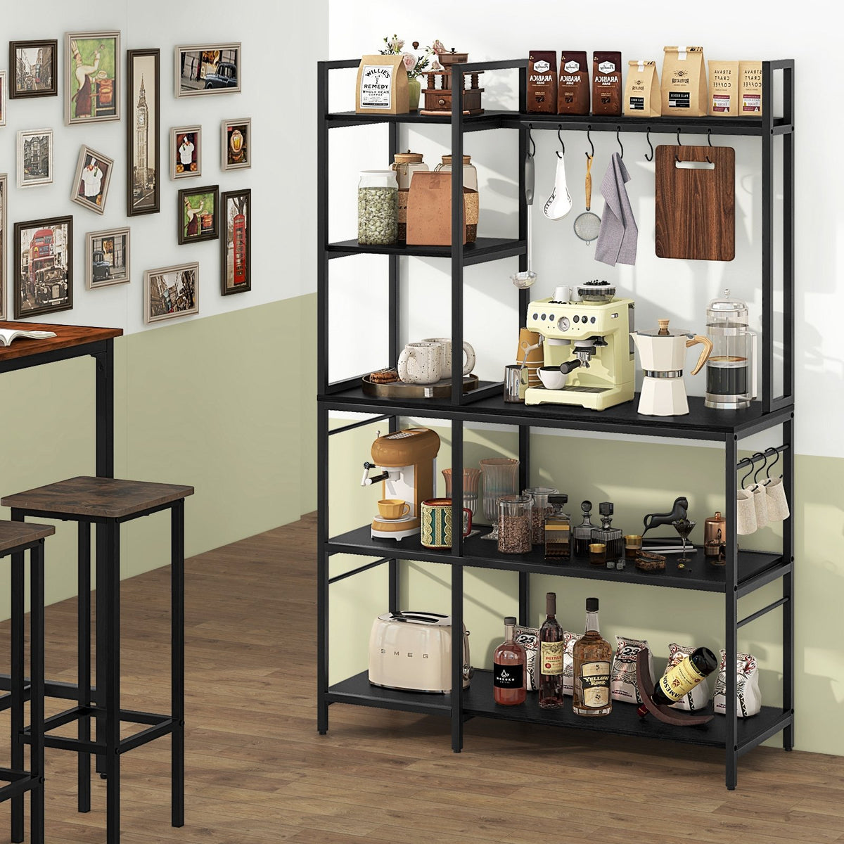 5-Tier Bakers Rack with Power Outlets and 10 S-Shaped Hooks-Black view 2
