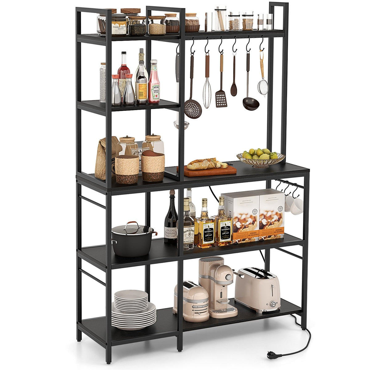 5-Tier Bakers Rack with Power Outlets and 10 S-Shaped Hooks-Black view 4