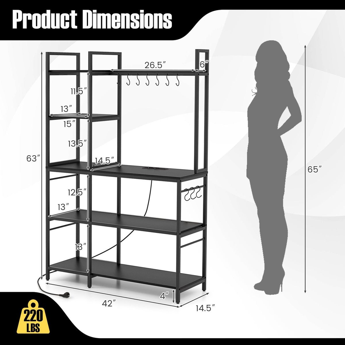 5-Tier Bakers Rack with Power Outlets and 10 S-Shaped Hooks-Black view 5