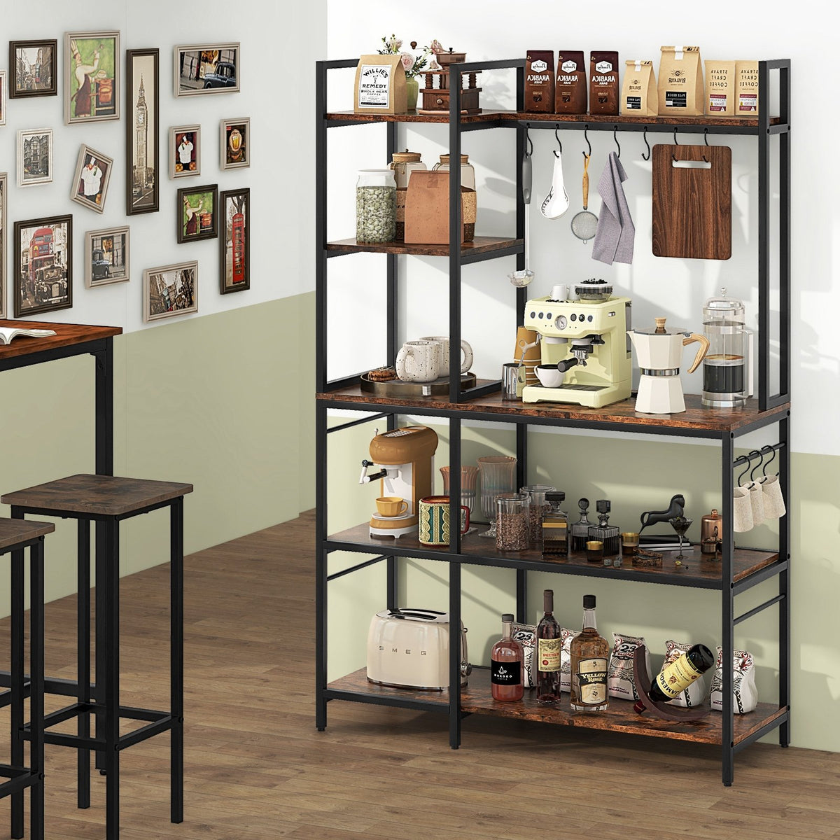 5-Tier Bakers Rack with Power Outlets and 10 S-Shaped Hooks-Rustic Brown view 2