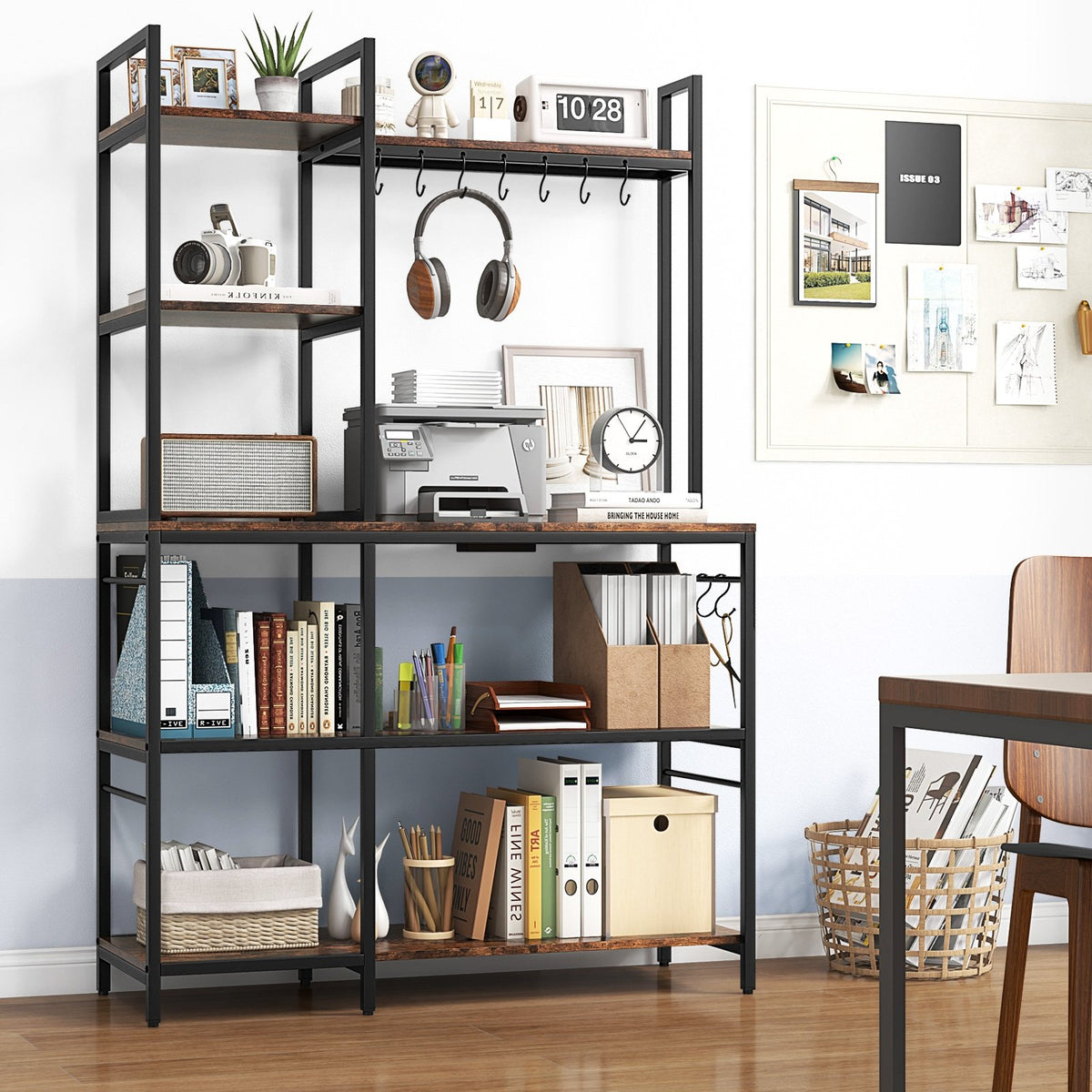 5-Tier Bakers Rack with Power Outlets and 10 S-Shaped Hooks-Rustic Brown view 3