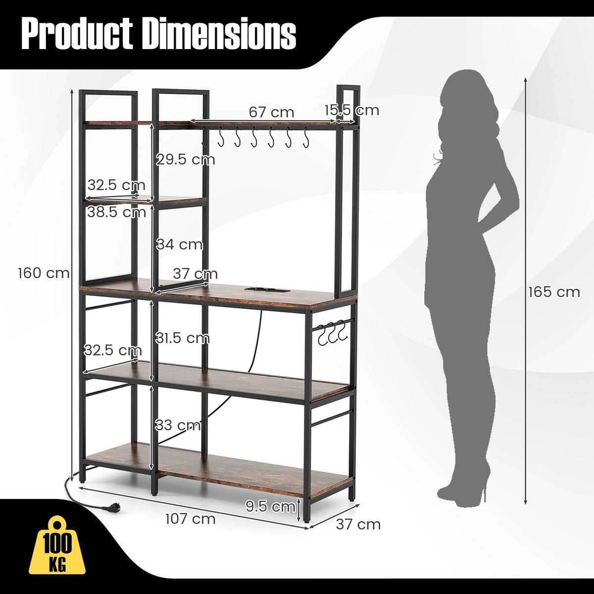 5-Tier Bakers Rack with Power Outlets and 10 S-Shaped Hooks-Rustic Brown view 5