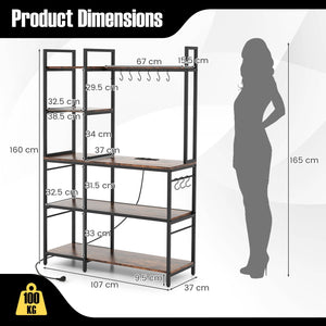 5-Tier Bakers Rack with Power Outlets and 10 S-Shaped Hooks-Rustic Brown view 5