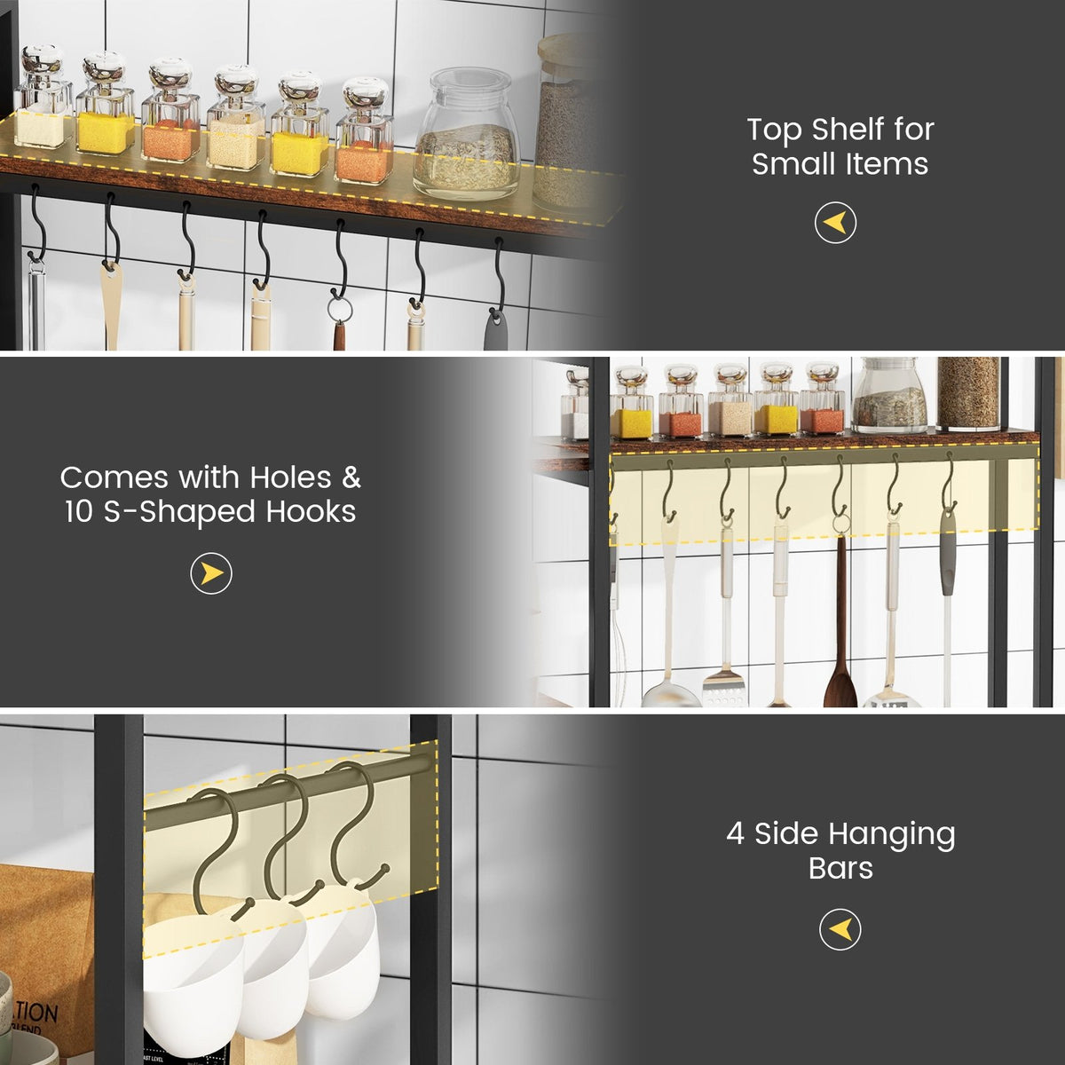 5-Tier Bakers Rack with Power Outlets and 10 S-Shaped Hooks-Rustic Brown view 7
