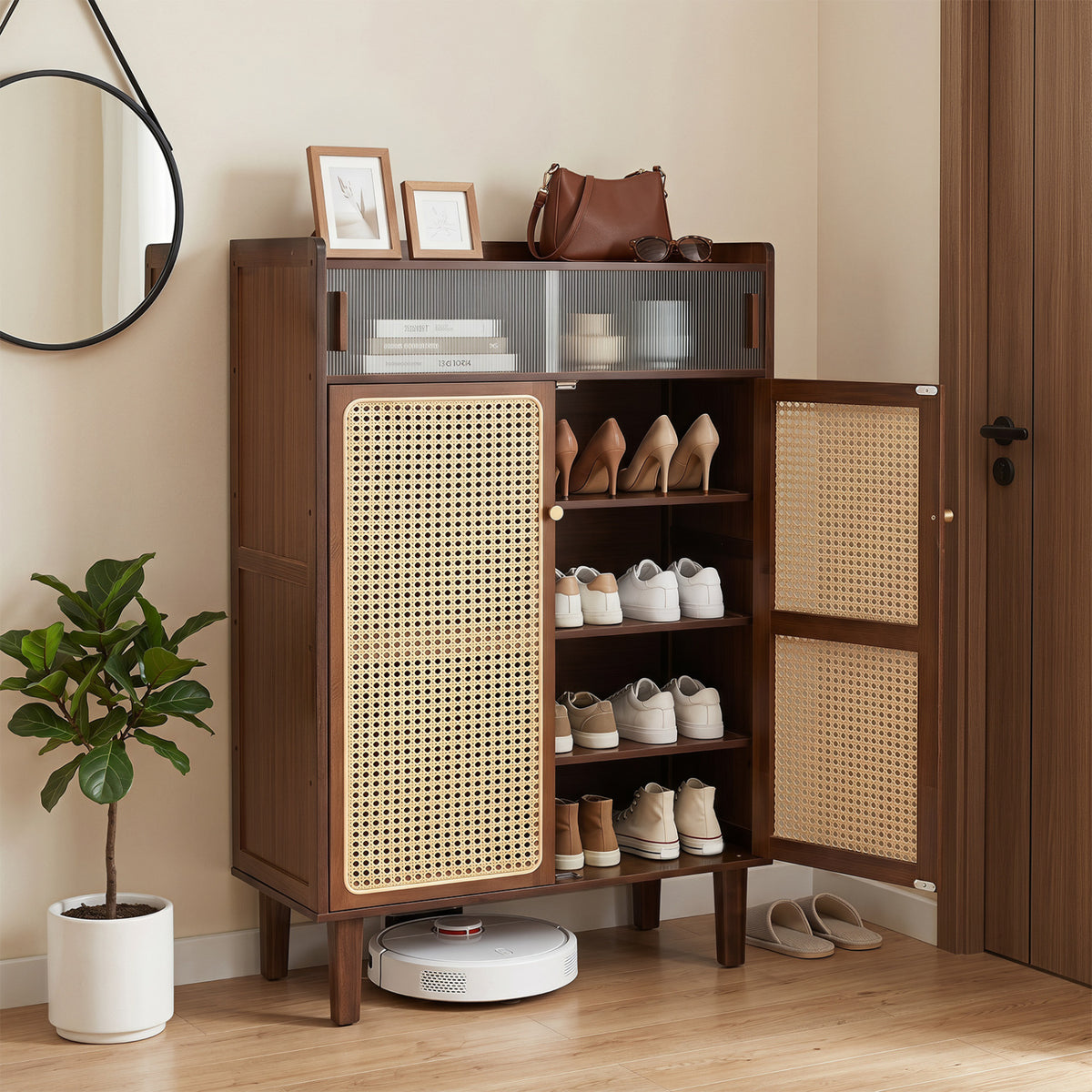 5-Tier Bamboo Shoe Cabinet with Woven Rattan Doors and Sliding Doors for Entryway-Walnut view 2