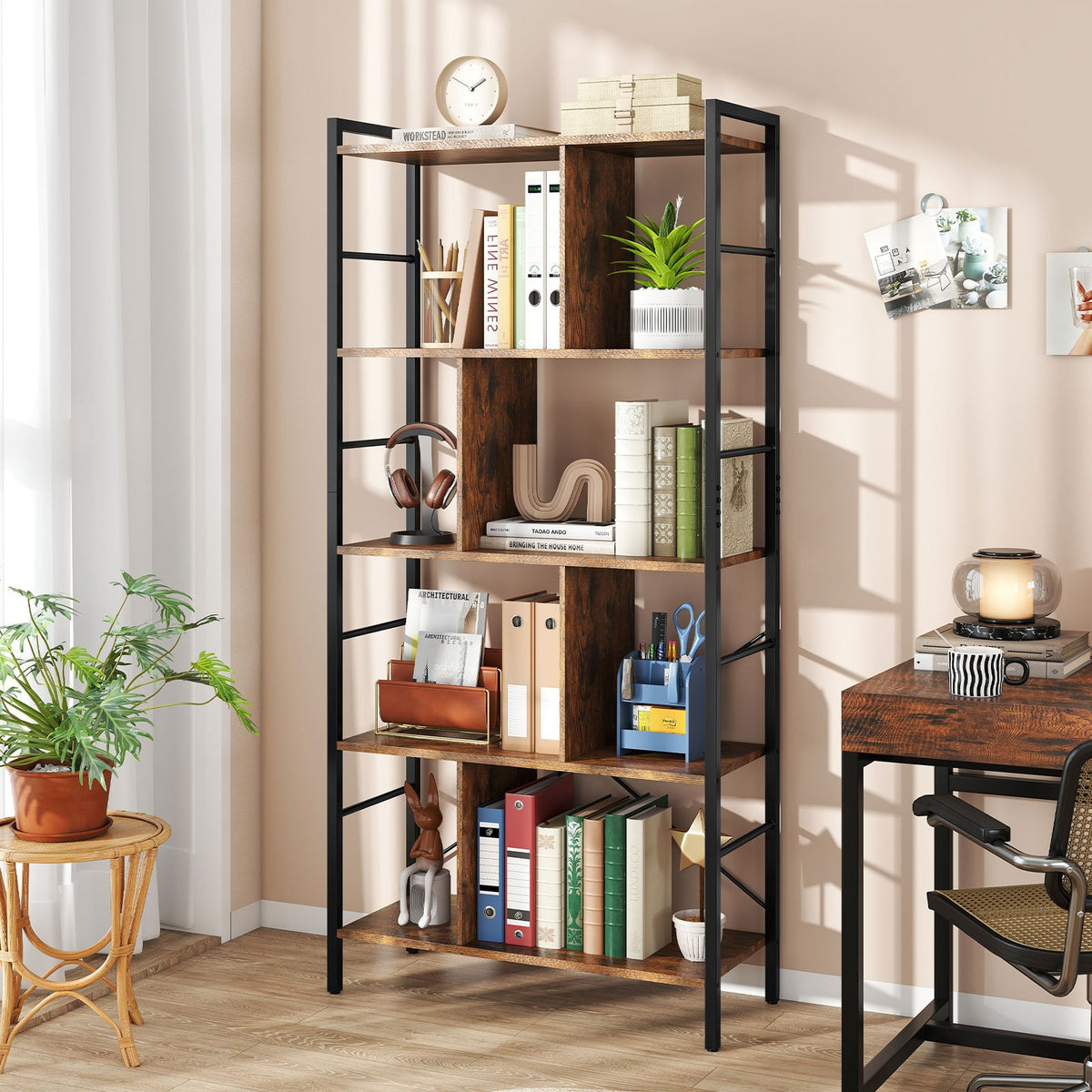 5-tier Bookcase 61 Inch Tall Industrial Bookshelf with Metal Frame view 3