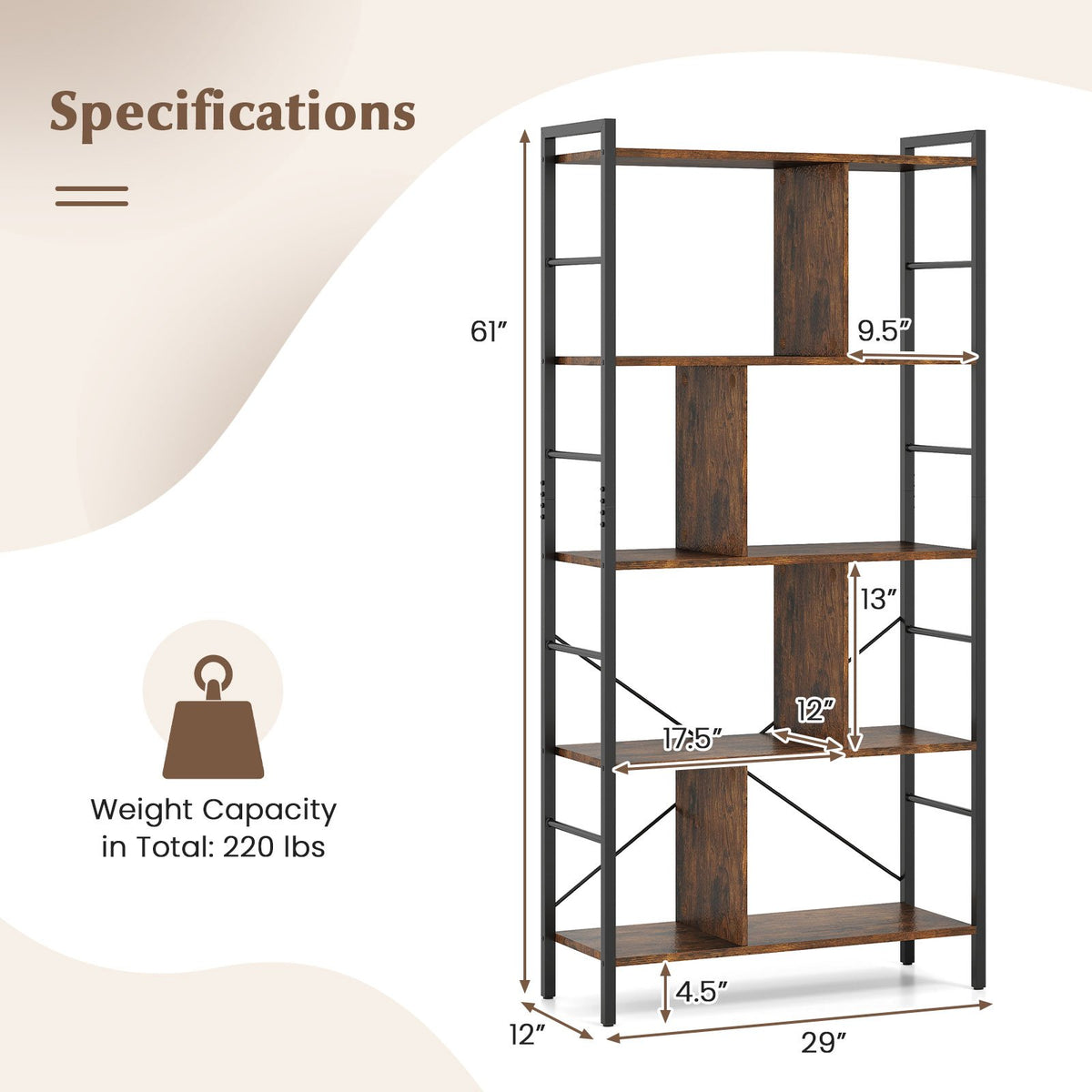 5-tier Bookcase 61 Inch Tall Industrial Bookshelf with Metal Frame view 4