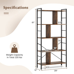5-tier Bookcase 61 Inch Tall Industrial Bookshelf with Metal Frame view 4
