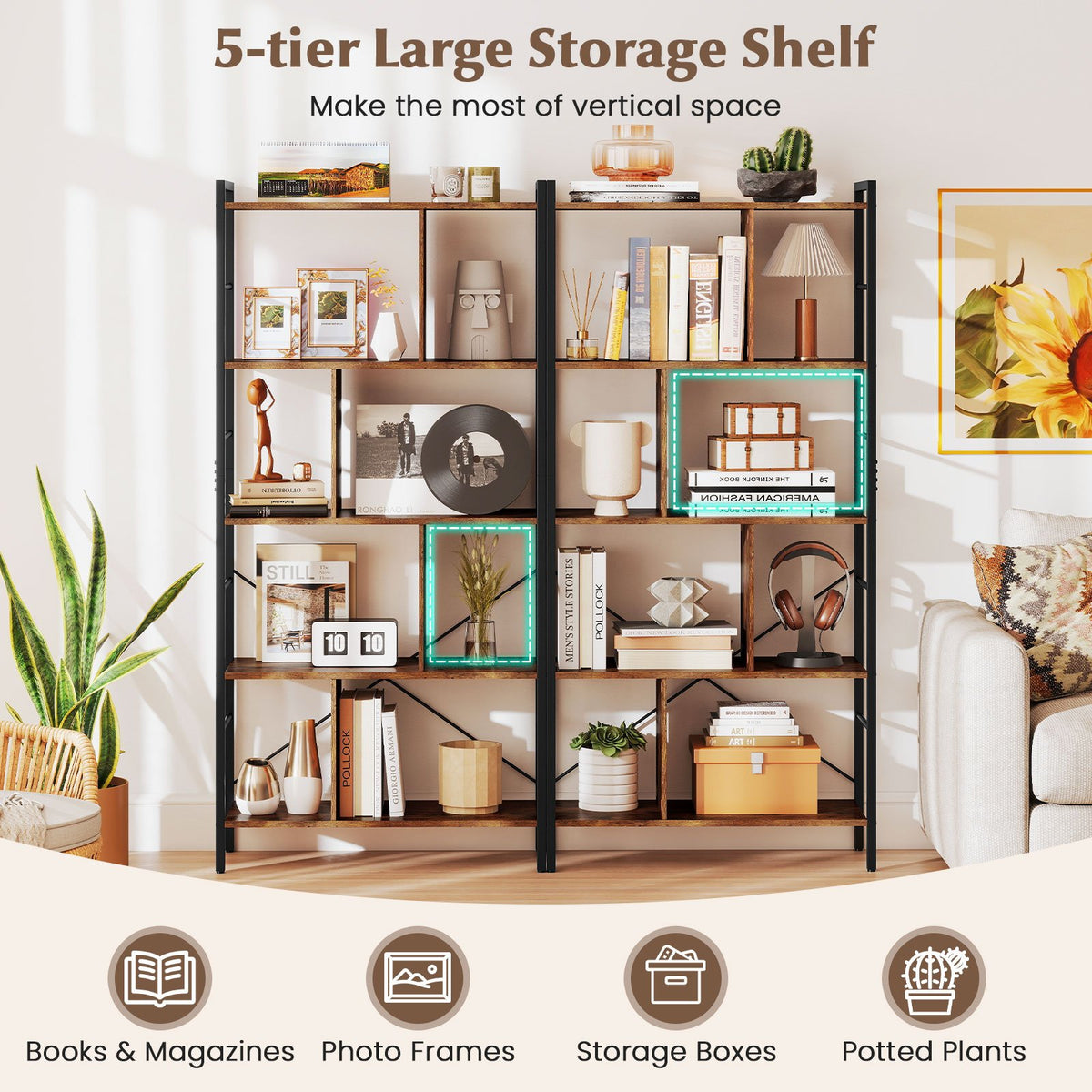 5-tier Bookcase 61 Inch Tall Industrial Bookshelf with Metal Frame view 7